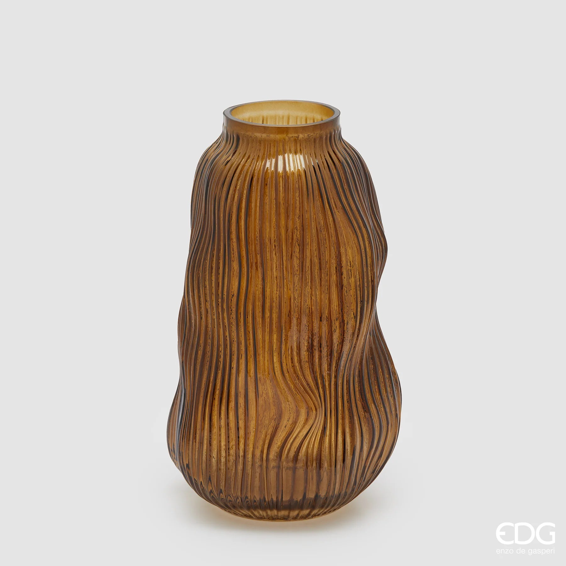 EDG Enzo De Gasperi Vaso Millerighe Sinuoso H32 cm in Vetro Marrone